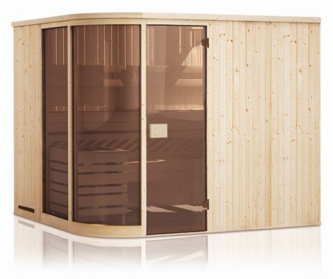 Sauna prefabbricata Yuma 68 mm con 2 finestre e tetto con bordino - misure esterne (l x p x h): 194 x 194 x 199 cm