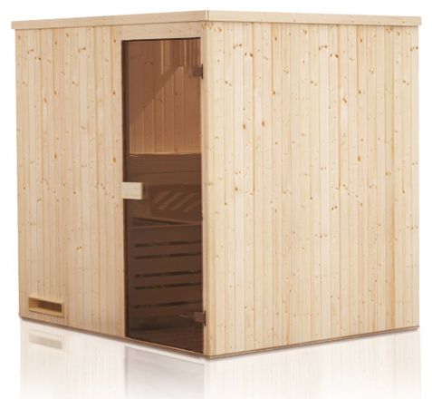 Sauna prefabbricata "Kawir" 68 mm con tetto con bordino - misure esterne (l x p x h): 144 x 144 x 199 cm