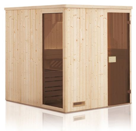 Sauna prefabbricata "Kawir" 68 mm con 1 finestra e tetto con bordino - misure esterne (l x p x h): 194 x 144 x 199 cm
