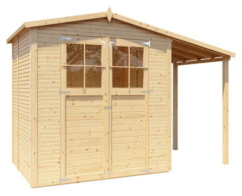 Casetta da giardino prefabbricata Karben 02 incl. estensione tetto, legno grezzo - spessore 18 mm, SU: 5,08 m², tetto a capanna
