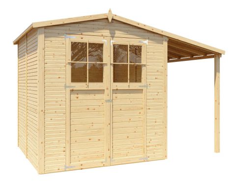 Casetta da giardino prefabbricata Karben 03 incl. estensione tetto, legno grezzo - spessore 18 mm, SU: 6,55 m², tetto a capanna