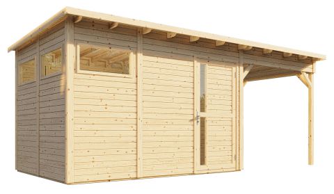 Casetta da giardino prefabbricata Kiel 03 inc. estensione tetto, pavimento e cartone catramato, legno grezzo - spessore 19 mm, SU: 7,70 m², tetto piano