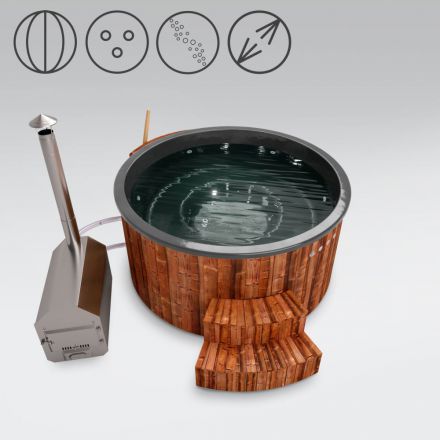 Vasca da bagno per esterni 01 in legno termotrattato con illuminazione a LED, copertura termica, getti massaggianti e isolamento termico, vasca: antracite, diametro interno: 200 cm