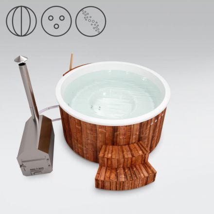 Vasca da bagno per esterni 01 in legno termotrattato con illuminazione a LED, copertura termica, getti d'aria massaggianti e isolamento termico, vasca: bianca, diametro interno: 200 cm