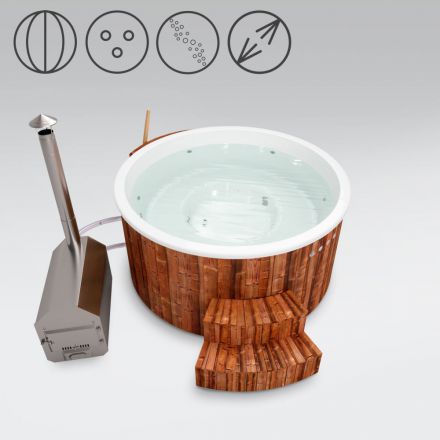Vasca da bagno per esterni 01 in legno termotrattato con illuminazione a LED, copertura termica, getti massaggianti e isolamento termico, vasca: bianca, diametro interno: 200 cm