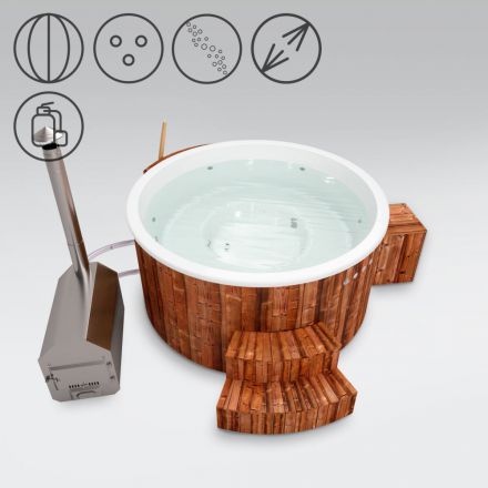 Vasca da bagno per esterni 01 in legno termotrattato con illuminazione a LED, copertura termica, getti massaggianti, filtro a sabbia, box in legno e isolamento termico, vasca: bianca, diametro interno: 200 cm
