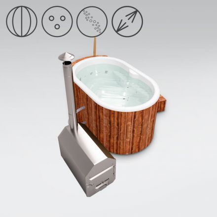 Vasca da bagno per esterni 02 in legno termotrattato con illuminazione a LED, copertura termica, getti massaggianti e isolamento termico, vasca: bianca, misure esterne: 189 x 118 cm (l x p)