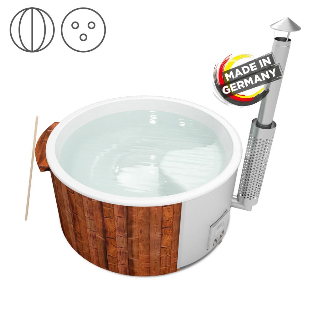 Vasca da bagno per esterni 03 in legno termotrattato con illuminazione a LED, copertura termica e isolamento termico, vasca: bianca, diametro interno: 200 cm