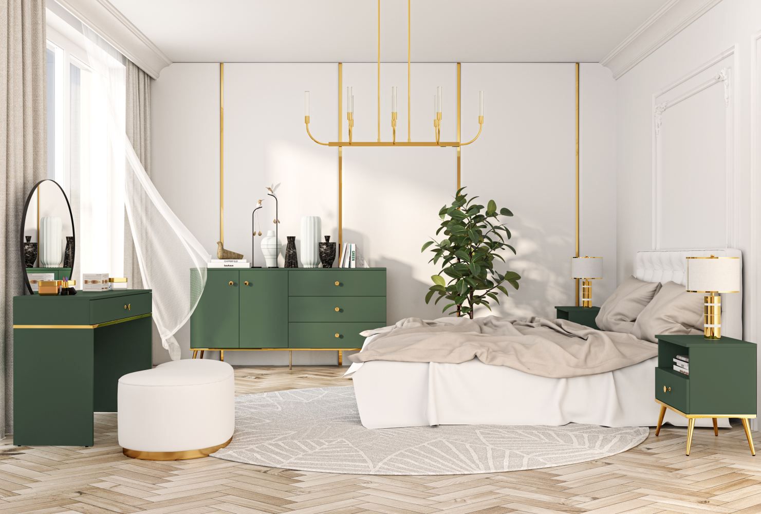 Camera da letto - Set A Inari, 4 pezzi, colore: verde foresta / oro
