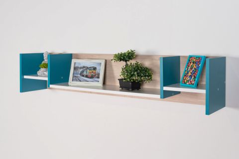 Cameretta - Mensola a muro "Aalst" 27, rovere / bianco / blu - 25 x 125 x 24 cm (h x l x p)