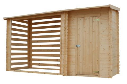Tettoia per legna con ripostiglio - 332 x 118 x 199 cm (l x p x h) spessore 19 mm - incl.  cartone catramato