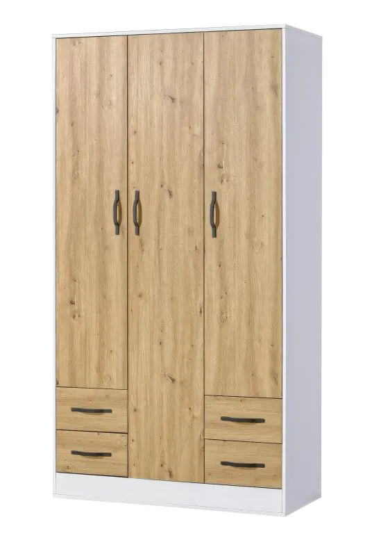 Armadio | Armadio con ante a battente | 3 ante | 120 x 50 x 225 cm | Colore: rovere / bianco / nero | 3 ante | 4 cassetti | 11 scomparti | 1 asta appendiabiti | Nalut 01