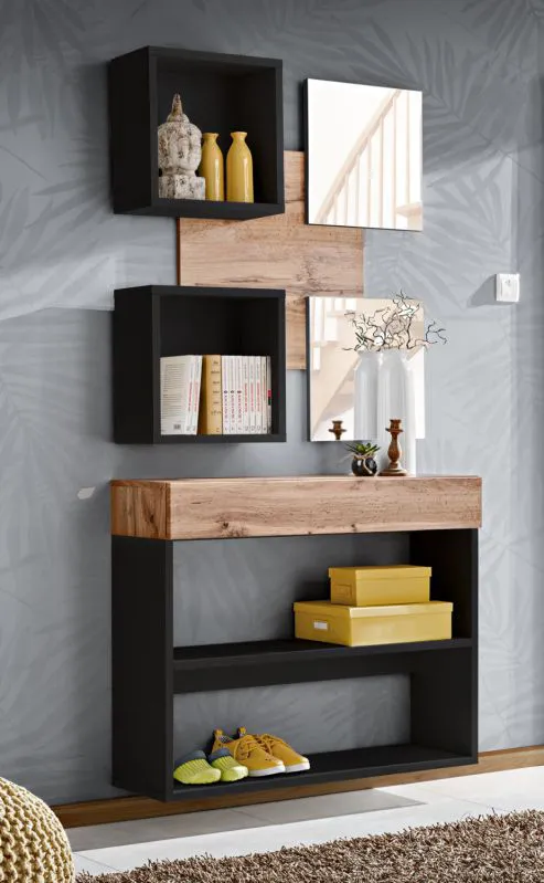 Set ingresso Pollestad 2 pezzi | Rovere Wotan e nero | 2 specchi | Mensole sospese | Pensile con cassetto e scomparti