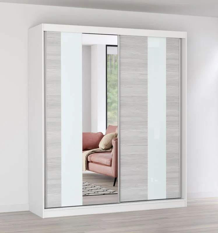 Armadio scorrevole Gorski 10 | Bianco lucido e rovere | Specchio integrato | 2 ante | 6 scomparti | 218 x 183 x 61 cm