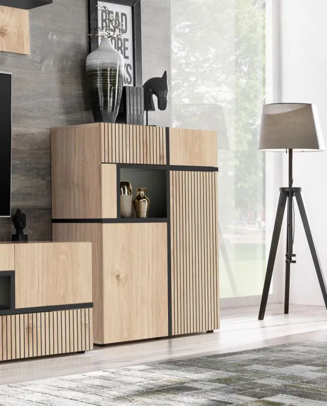 Cassettiera moderna "Jordalsgrenda" 02 | Rovere e nero opaco | 2 ante, 2 cassetti, 5 scomparti | Push to open | 110 x 90 x 40 cm