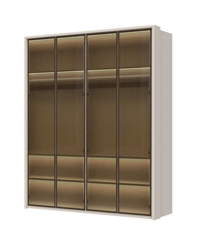 Armadio a quattro ante in vetro Neiafu 39, con illuminazione interna, due cassetti, colore: cashmere, funzione soft-close, dimensioni: 226 x 187 x 60 cm