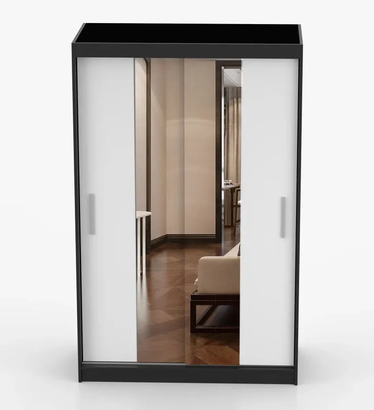 Armadio scorrevole "Rudawy" 09 | Bianco/Nero con Specchio | 2 Ante, 6 Scomparti, 1 Barra | 61 x 120 x 200 cm
