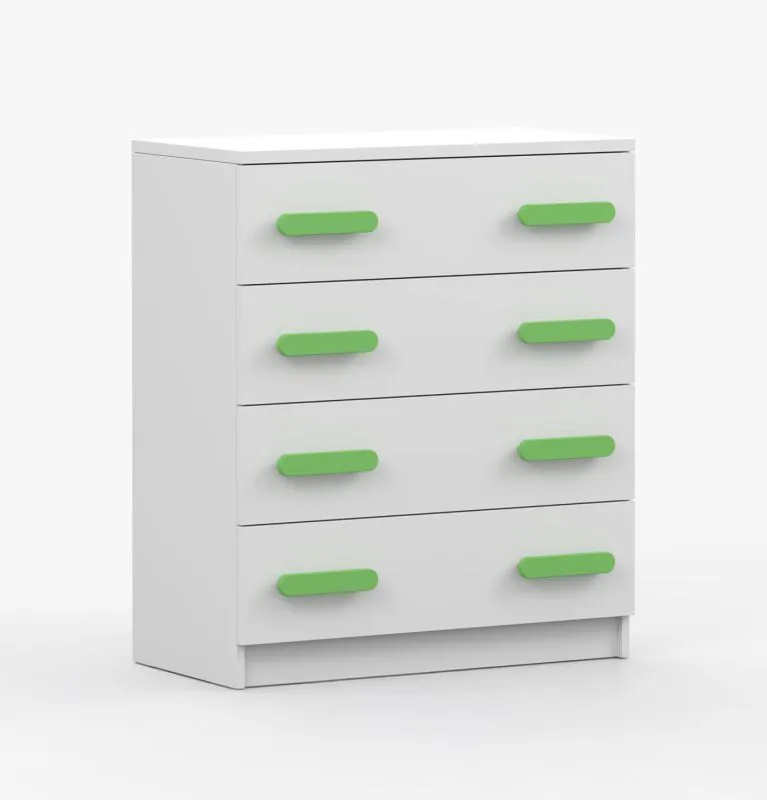 Cassettiera Smolikas 20 | Bianco | 4 cassetti | Maniglie legno verde | 90 x 80 x 40 cm