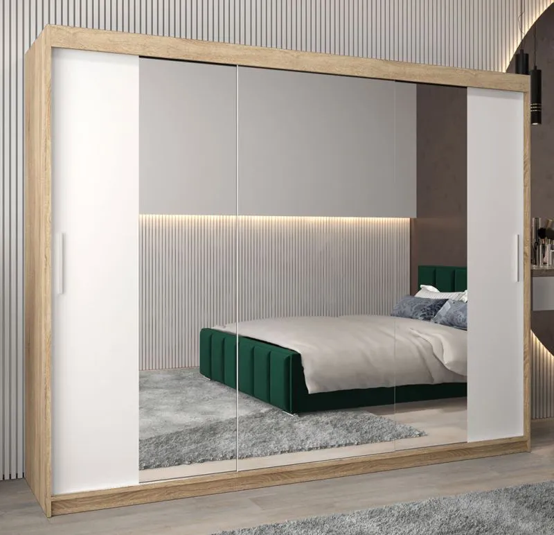 Armadio scorrevole con specchio Bisaurin 6C | Rovere Sonoma e bianco opaco | 200 x 250 x 62 cm