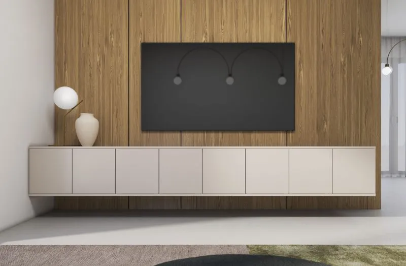 Mobile TV "Boquilla" 10, color cashmere, 8 ante, 16 scomparti, funzione "push-to-open", 280 x 40 x 40 cm