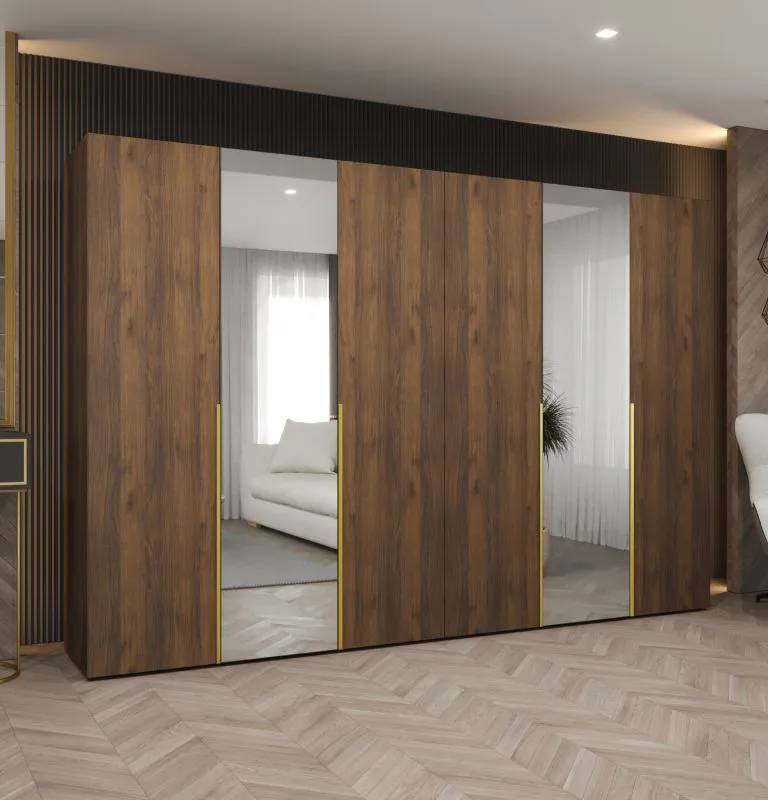 Armadio ad ante battenti "Eiger" 195, color noce, maniglie: oro, 2 ante a specchio, 4 scomparti, 4 barre appendiabiti, Sistema "Soft-Close", larghezza: 3 m