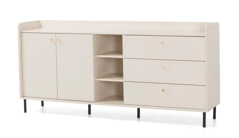 Comò "Schaarbeek" 04, beige effetto legno, gambe e maniglie: metallo, 2 ante a battente, 3 cassetti, 5 scomparti, 193,5 x 42 x 91 cm