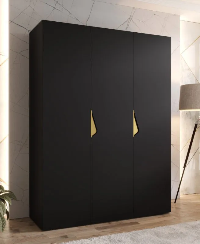 Armadio ad ante battenti "Zainab" 02, nero, maniglie: oro, 3 ante, 2 scomparti, 2 barre appendiabiti, Sistema "Soft-Close", bordi in ABS, 150 x 52 x 202 cm