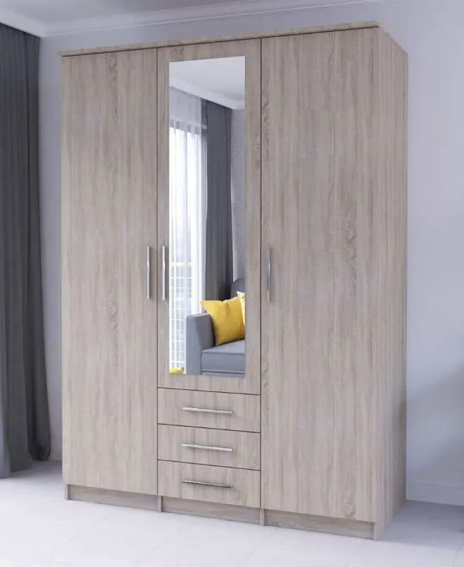 Armadio ad ante battenti "Kopaonik" 04, color rovere Sonoma, 3 ante, 3 cassetti, 6 scomparti, 1 barra appendiabiti, 207 x 151 x 59 cm
