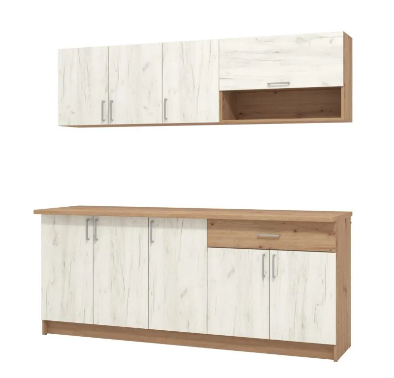 Cucina "Smali" 01, rovere Artisan / rovere bianco, 1 cassetto, bordi in ABS, larghezza 200 cm