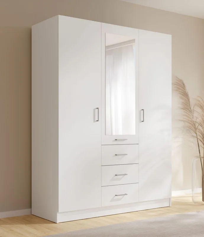 Armadio "Hydra", bianco, 2 ante a battente, 1 anta a spechio, 3 cassetti, 1 barra appendiabiti, 150,5 x 58 x 200,5 cm