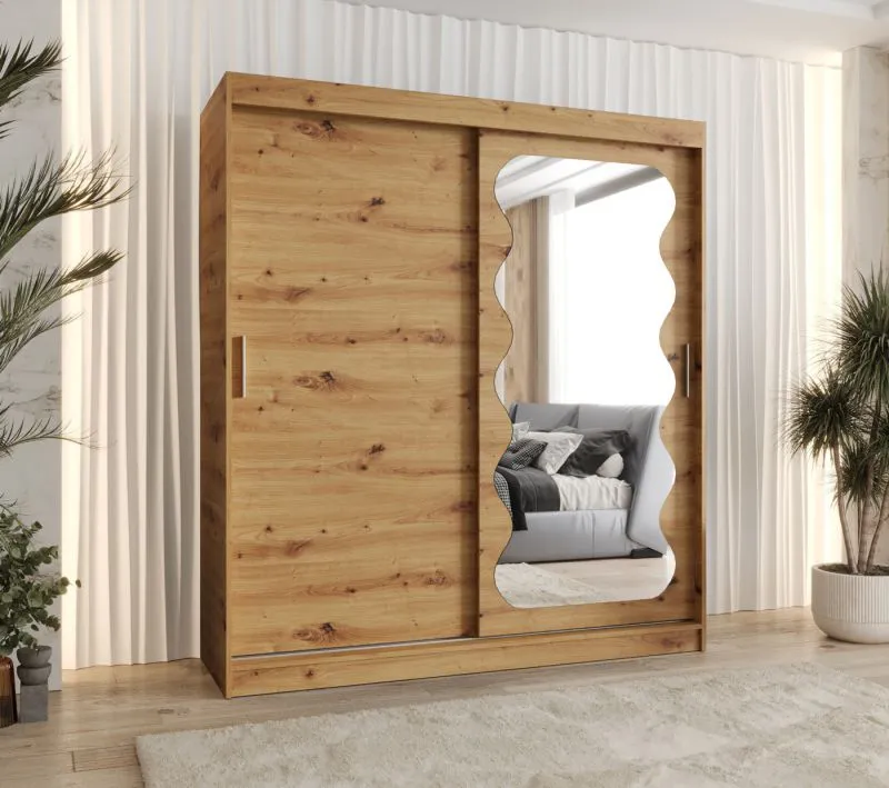Armadio scorrevole 1,8 m Bernina 13 | Rovere Artisan | 10 scomparti | Specchio | Guide in alluminio