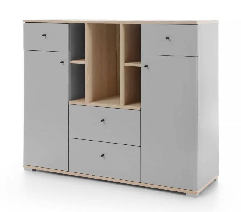 Capiente cassettiera in rovere / grigio, 100 x 120 x 40 cm, bordi in ABS, cassettiera per camera dei ragazzi, 5 scomparti aperti, 2 ante e 4 cassetti, piccole maniglie nere