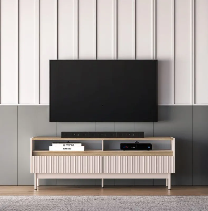 Mobile TV "Humboldt" 07, color cashmere/rovere Cremona, gambe: metallo, 2 cassetti, Sistema "Soft-Close", 154 x 40 x 55 cm
