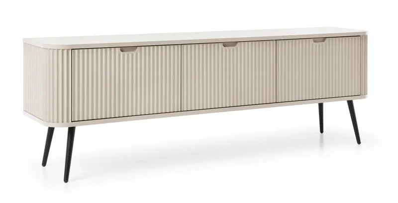 Mobile porta TV Makreb 02 cashmere | 57 x 168 x 39 cm | Frontali fresati | Gambe metallo nero | 3 scomparti 3 ante