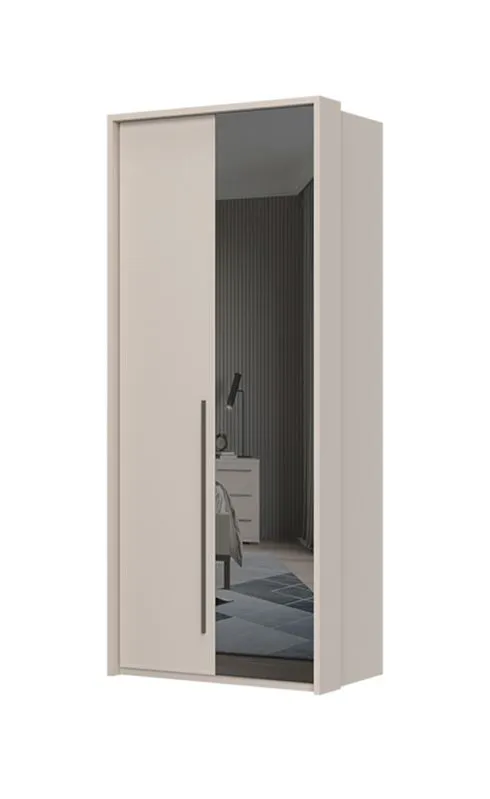 Armadio a due ante con un'anta a specchio Neiafu 30, funzione Soft-Close, colore: cashmere, un'asta appendiabiti, un ripiano, dimensioni: 226 x 97 x 60 cm
