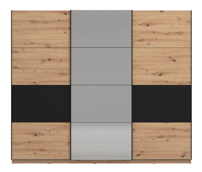 Armadio scorrevole Crina 10 | Rovere Artisan e nero | 1 specchio | 3 ante | 224 x 262,5 x 65,5 cm