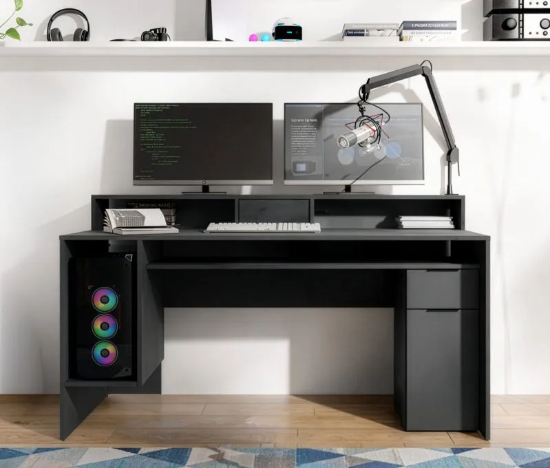 Scrivania "Kissamos" 02, rovere Artisan/grigio grafite, 6 scomparti, rialzo per monitor, ergonomica, 160 x 70 x 91,5 cm
