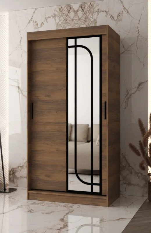 Armadio con ante scorrevoli | Colore: noce Warmia | 100 x 62 x 200 cm | 1 anta a specchio | 2 aste appendiabiti | armadio stretto | 5 scomparti | Maniglie: nero