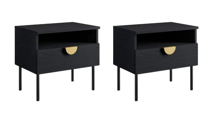 Set 2 Comodini "Amfipoli" 09 | Nero texture legno | 1 vano a giorno, 1 cassetto | Soft-Close | 45,5 x 50 x 43,5 cm
