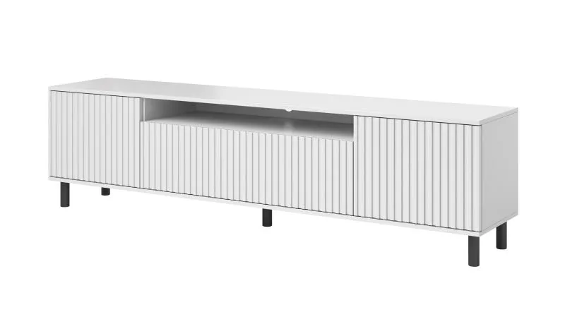 Mobile porta TV Cienequillas 08 | Frontale rigato bianco | Gambe nere | Push-to-open | 4 scomparti | 54 x 200 x 40 cm