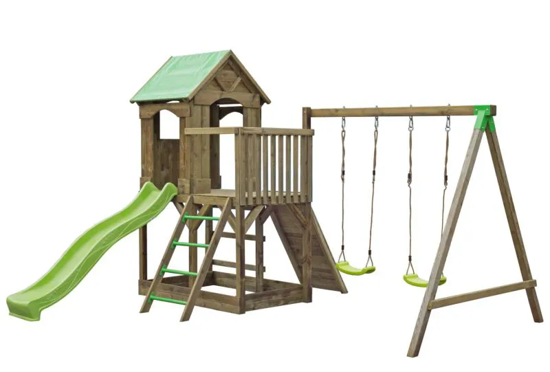 Torretta gioco "S2A", incl. scivolo a onde, altalena doppia, balcone, sabbiera e rampa da arrampicata - 400 x 390 cm (l x p)