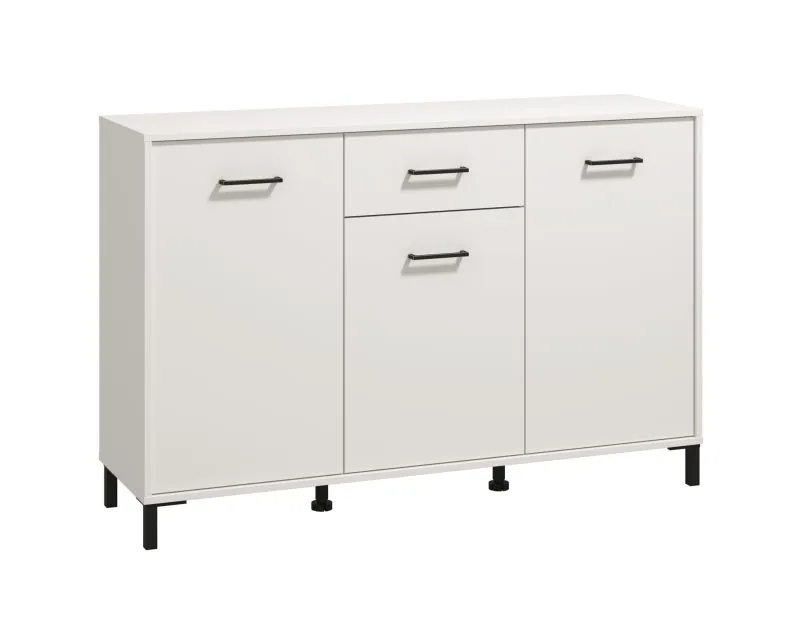 Credenza moderna "Sabas" 02 bianca | 3 ante, 1 cassetto, 6 scomparti | Maniglie e gambe nere | 90 x 138 x 40 cm
