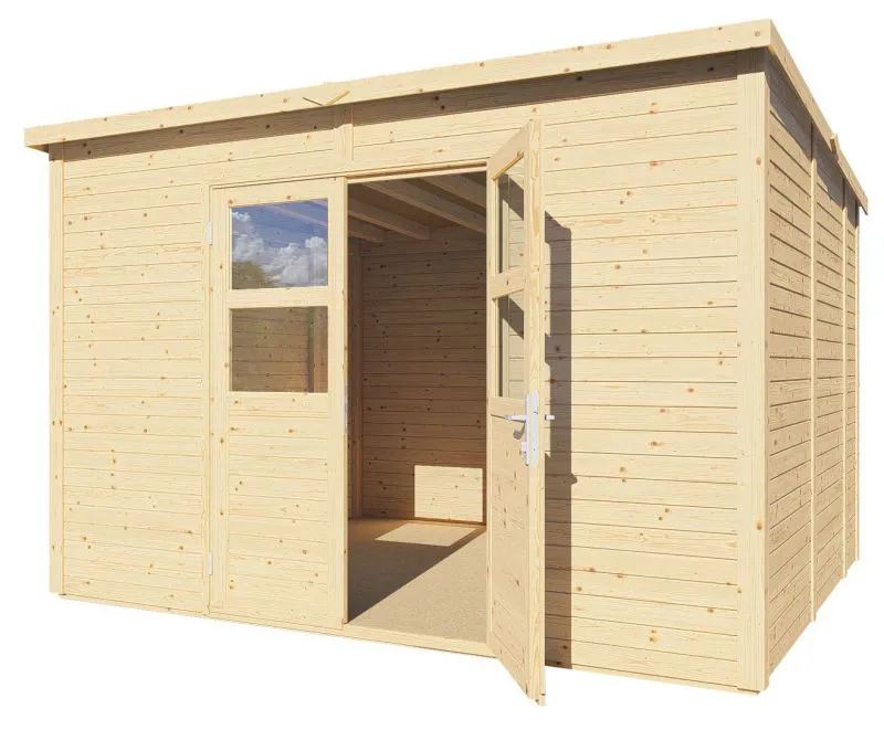 Casetta da giardino, legno grezzo, incl. pavimento, porta doppia con vetro di sicurezza - 3,37 x 2,90 m, tetto piano