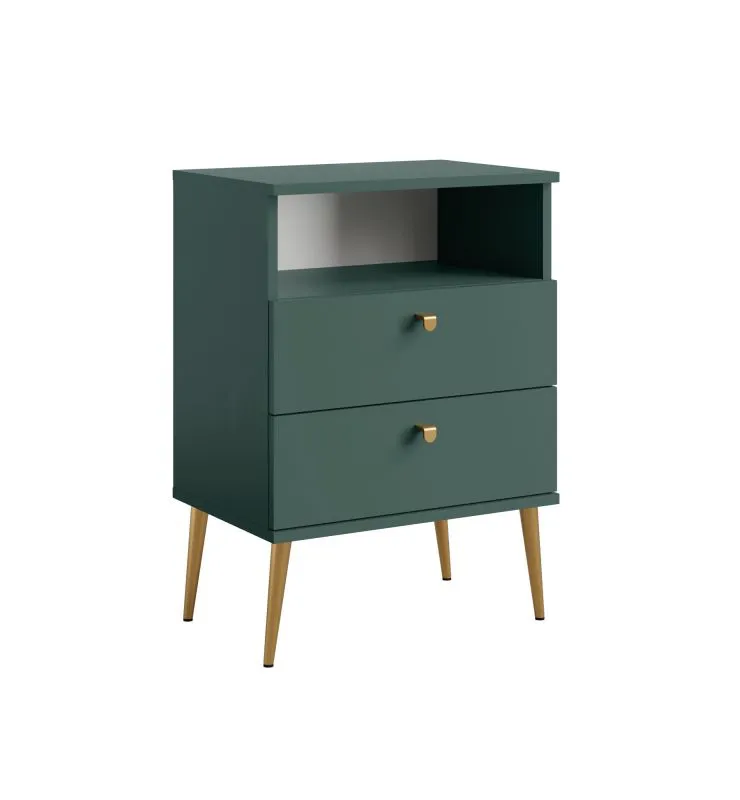 Comodino Almyros 05 verde | 2 cassetti, 1 vano a giorno | Maniglie e gambe oro | 69,5 x 50 x 34 cm