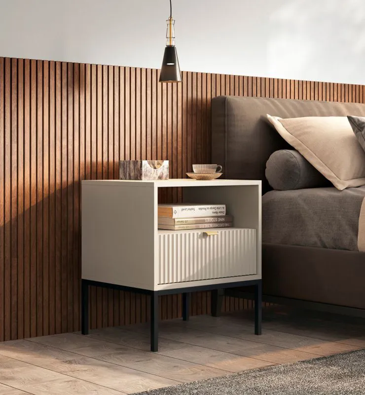 Comodino Worthing 73 | Cassetto e vano portaoggetti | Cashmere e frontale rigato | Gambe nere