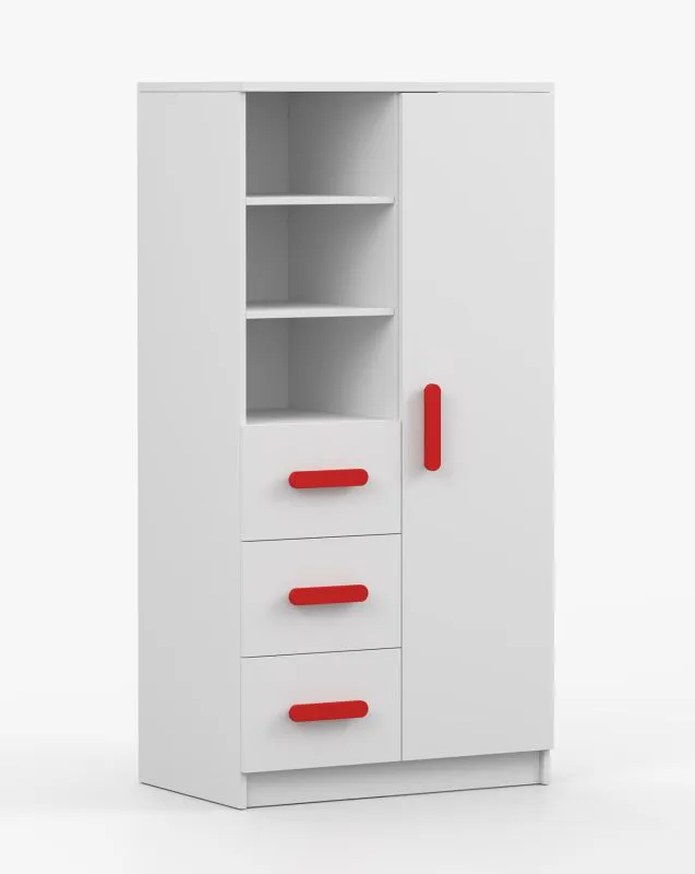Libreria con armadietto Smolikas 45 | Bianco moderno | 7 scomparti | 3 cassetti | Maniglie rosso legno | 159 x 80 x 40 cm