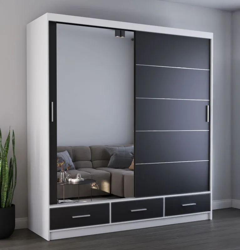 Armadio scorrevole Lusatian 16 | Bianco e nero | Specchio frontale | 12 scomparti, 3 cassetti | 218 x 203 x 61 cm