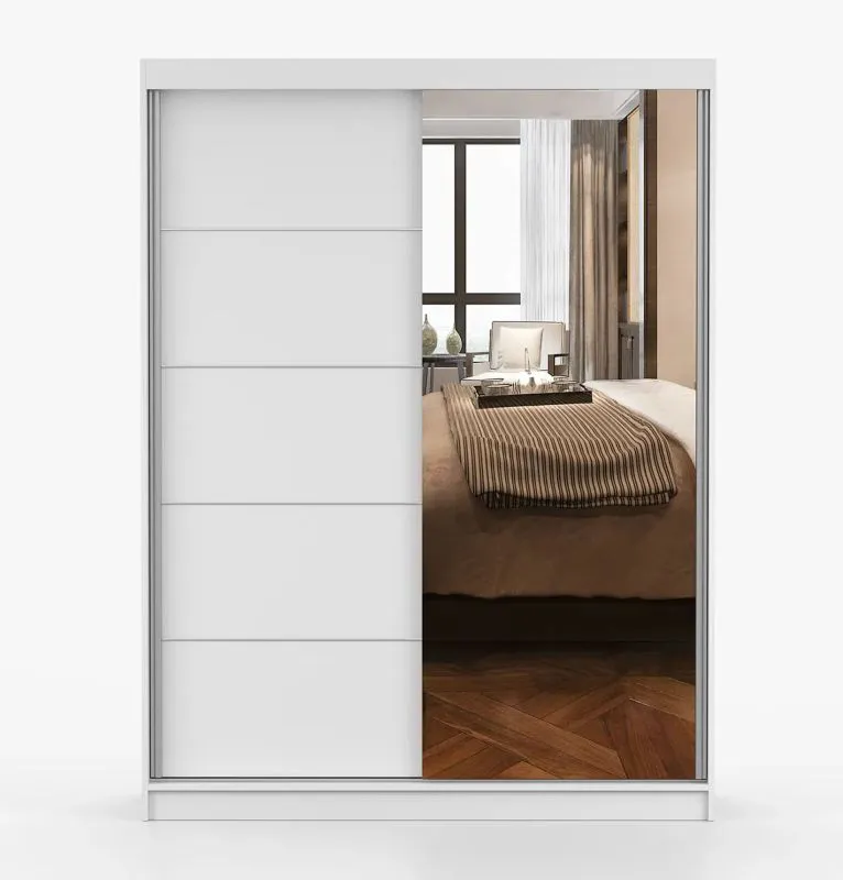 Armadio scorrevole Bucegi 18 bianco | 2 ante con specchio | 6 scomparti | Alluminio | 200 x 150 x 61 cm