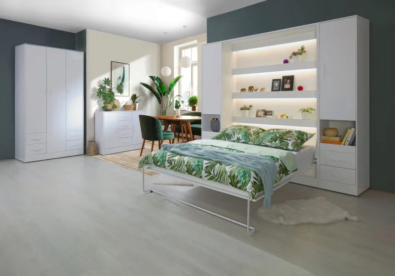 Set completo per camera da letto - Set D Nalut in bianco | 6 pezzi | Letto a scomparsa 160 x 200 cm con illuminazione a LED | Armadio | Comodà
