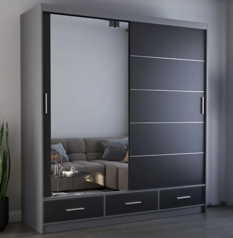Armadio scorrevole grigio/nero con specchio | 2 ante, 12 scomparti, 3 cassetti | 218 x 203 x 61 cm